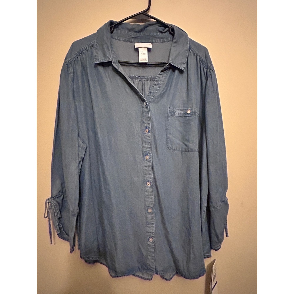 Alfred Dunner‎ Button Down Shirt Womens XL Blue NEW Tencel Tie Sleeve Chambray